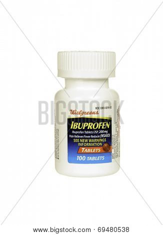 Hayward, CA - July 30, 2014: bottle of 100 Walgreens brand Ibprofen 200mg tablets