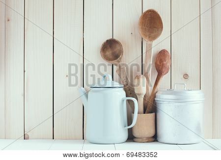 Coffee Pot, Enamel Mugs And Rustic Spoons