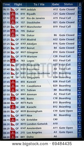 DUBAI - FEB 18: Flight board in Dubai airport, on February 18, 2014 in Dubai, UAE. The airport is major aviation hub in the Middle East with max throughput of 80 millions passengers per year