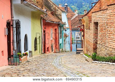 Medieval Street View In Sighisoara Founded By Saxon Colonists In Xiii Century, Romania