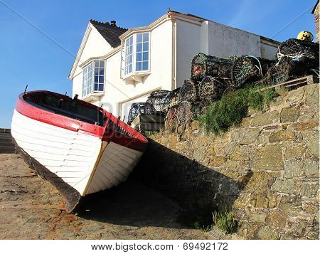 Fishing Boat With Creels And House Seascape