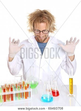 Crazy scientist working with tubes isolated on white