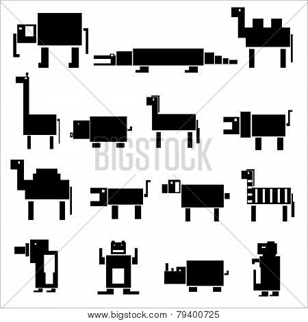 Black Square Digital Simple Retro Animals Eps10