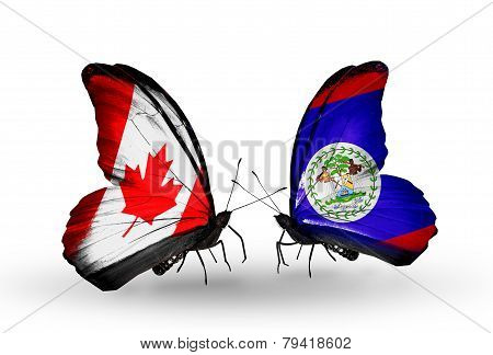 Two Butterflies With Flags On Wings As Symbol Of Relations Canada And Belize