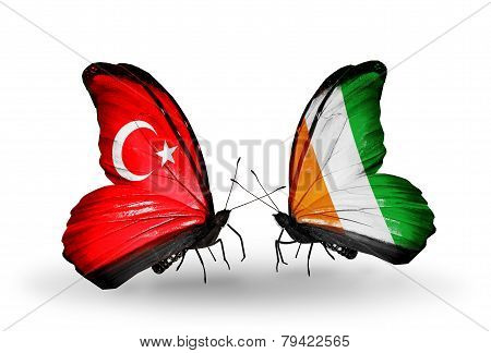 Two Butterflies With Flags On Wings As Symbol Of Relations Turkey And Cote Divoire
