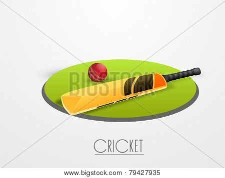 Red cricket ball with bat on green field stage with text cricket on white background.