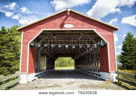 The Pont Romain Caron, covered Bridge, in St John de la Lande, Temiscouata, Quebec province. Historical monument dating back to 1940.