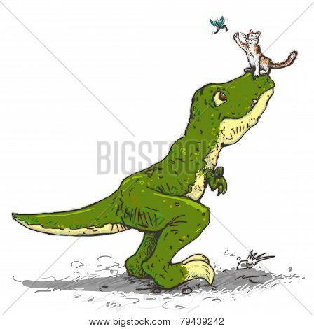 Tyrannosaurus And A Cat Catch The Butterfly