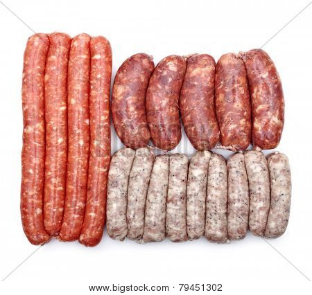 Different type of frying sausage on white background