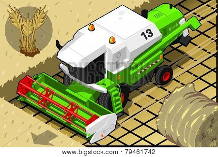 Isometric Green Thresher At Work In Front  View