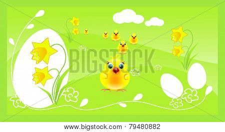 Easter Background With Small Chicks