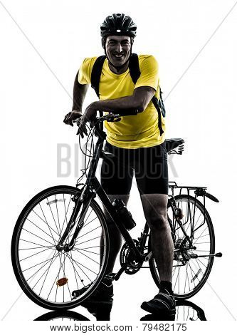 one  man exercising bicycle mountain bike standing on white background