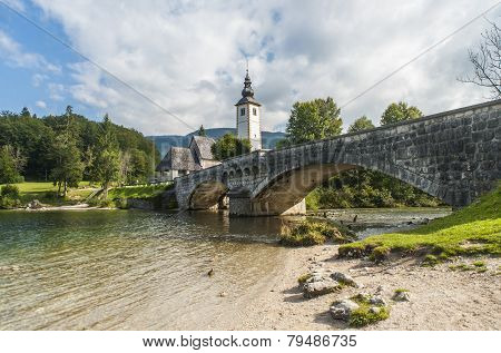 Bohinj lake with church and bridge, Slovenia