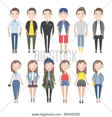 Girls and boys in casual clothes set.