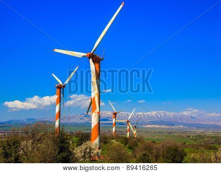 Israel. Several huge modern windmills. Seen in the distance the snow-covered Hermon. Flowering Golan Heights on a sunny day