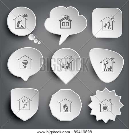 home cat, dog, pharmacy, watching TV, family, flower shop, tv. White raster buttons on gray.