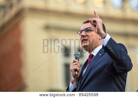KRAKOW, POLAND - APR 29, 2015: Przemyslaw Wipler - Polish politician, member of Parliament of the VII convocation, during pre-election rally of Janusz Korwin - of presidential candidate of Poland.