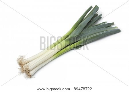  Fresh leek stems on white background