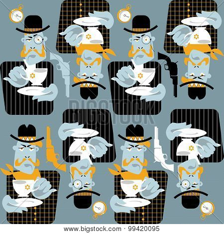 Set Of Man With Cup Of Coffee. Retro Style. Cowboy And Gentleman. Seamless Background Pattern.