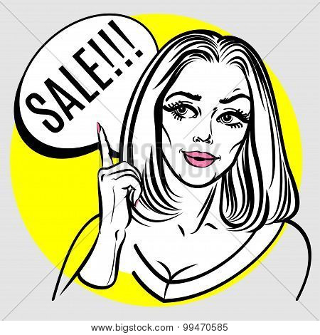 Illustration Of Woman With The Speech Bubble. Pop Art Poster.