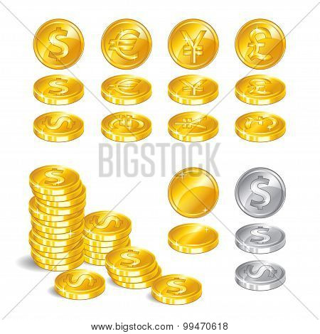 Gold Coins, Signs World Currencies, A Symbol Of Wealth On White Background.