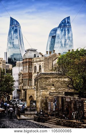 Icheri Sheher (old Town) And The Flame Towers Of Baku, Azerbaijan. Typical Tourist Shop With Souveni