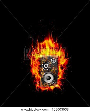 Fire burning speaker on black background
