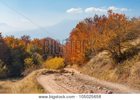 Earth road in autumnal mountains