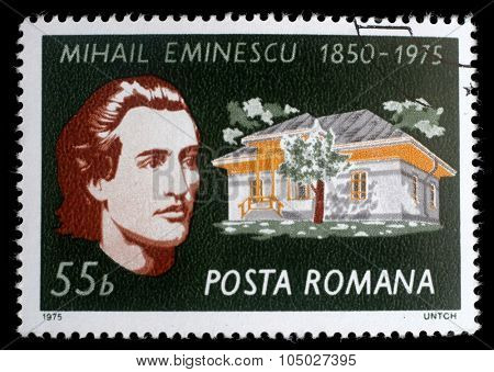 ROMANIA - CIRCA 1975: stamp printed by Romania, shows Mikhail Eminescu and his house, circa 1975