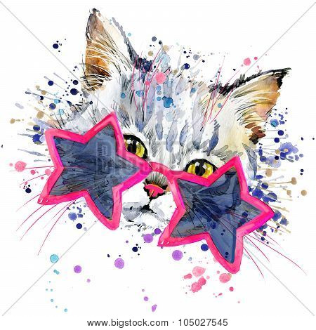 Funny Cat  T-shirt graphics,  cat illustration with splash watercolor textured background