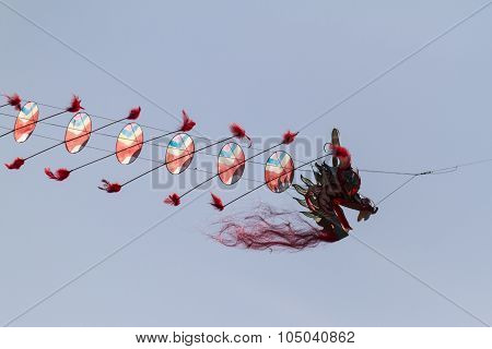 Colorful Kites Flying  In Single File In The Sky