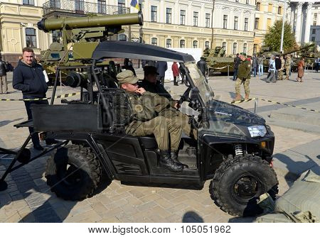 Kiev, Ukraine,  Michael's Square, October 16, 2015. The exhibition of military equipment, on the Day of Defender of Ukraine. Mobile antitank system