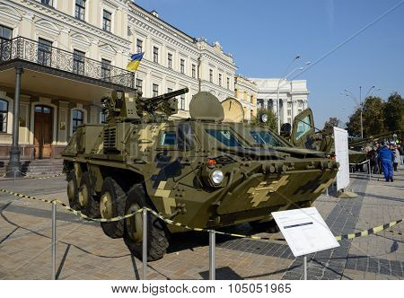 Kiev, Ukraine,  Michael's Square, October 16, 2015. The exhibition of military equipment, on the Day of Defender of Ukraine. Armored personnel carrier BTR-4E