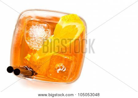 Top Of View Of Glass Of Spritz Aperitif Aperol Cocktail With Orange Slices And Ice Cubes