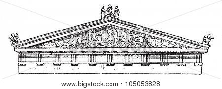 Acroterion, pediment of the temple of Aegina, vintage engraved illustration. Dictionary of words and things - Larive and Fleury - 1895.