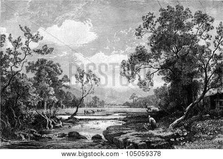 Valley Plainfaing in the Vosges, vintage engraved illustration. Magasin Pittoresque 1882.