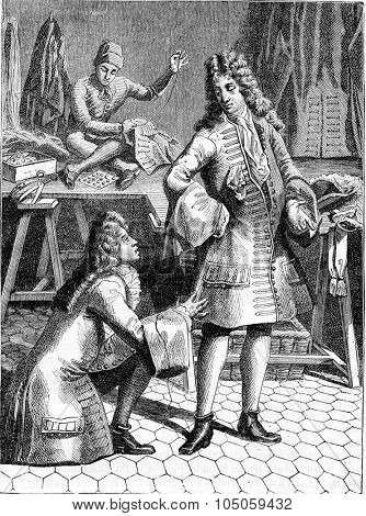 A Tailor in 1690, vintage engraved illustration. Magasin Pittoresque 1882.
