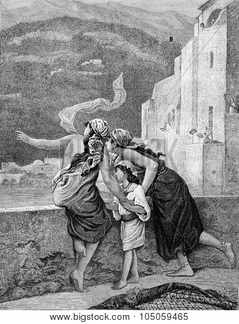 The Return of the Hadjis, vintage engraved illustration. Magasin Pittoresque 1882.