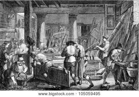 Workshop of Mr Jadot, carpenter, in Paris, vintage engraved illustration. Magasin Pittoresque 1882.