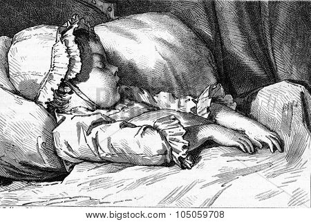 The Sleep of a girl, After kind of study by Moreau the Younger, vintage engraved illustration. Magasin Pittoresque (1882).
