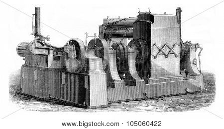Electrodynamic Edison Machine, vintage engraved illustration. Magasin Pittoresque (1882).