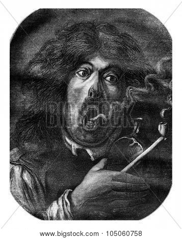 Louvre Museum, A smoker, by Adriaen Brouwer, vintage engraved illustration. Magasin Pittoresque 1878.