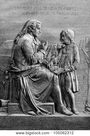 1867 Salon, Sculpture, Pereire teaching deaf-mutes, vintage engraved illustration. Magasin Pittoresque 1867.