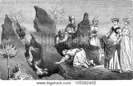 Flying dragons, On after the Book of Wonderful, Travel Mandeville, vintage engraved illustration. Magasin Pittoresque 1867.