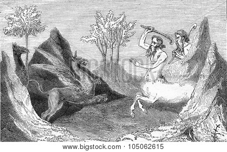 Centaurs and Griffins, On after the Book of Wonders, Mandeville travel, vintage engraved illustration. Magasin Pittoresque 1867.