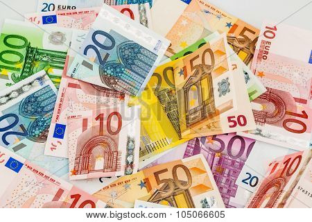 many different euro bills. photo icon for wealth and investment.