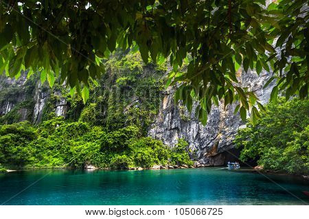 Clear river flowing from the cave in the National Park of Phong Nha, Vietnam