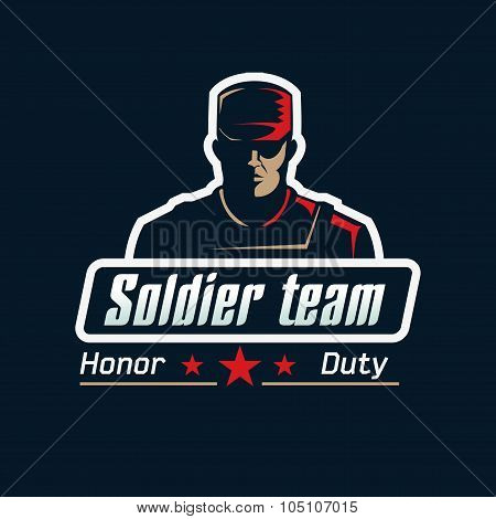 Soldier team logo template. Serious man in bulletproof vest and cap on dark background.