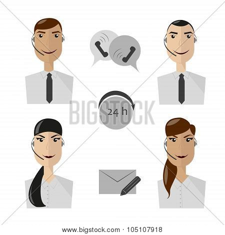 Call center operators, female and male avatar icons. Vector illustration, flat style
