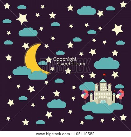 vector night sky, moon and stars, balloons and castle.